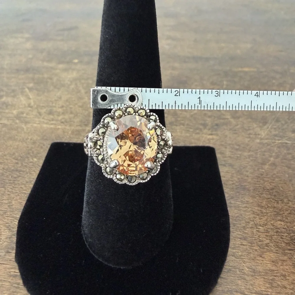 Sterling Silver Ring Oval‎ Orange CZ Marcasite Accent Oxidized Finish Size 8.75